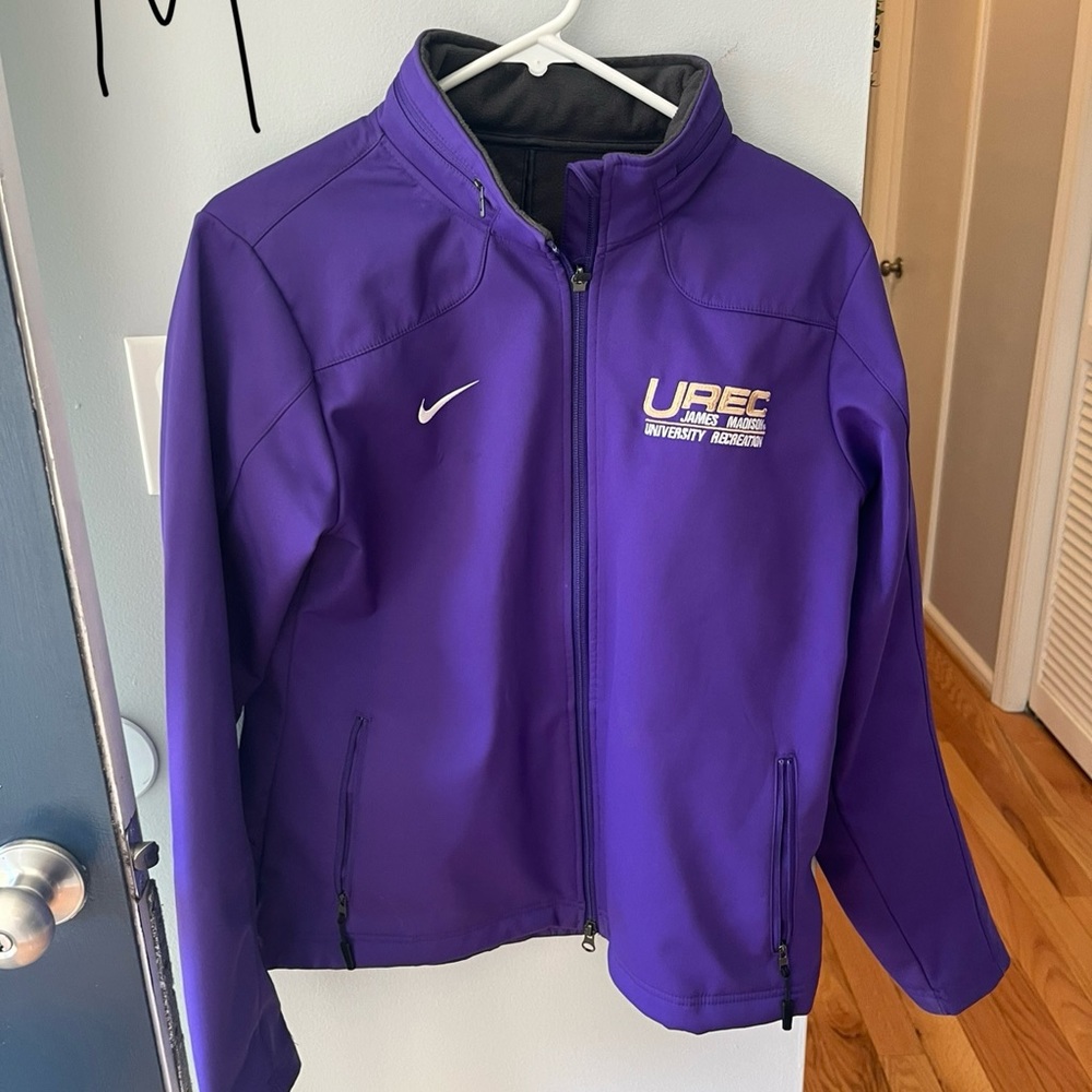 Nike JMU UREC. Raincoat hood rolled up into collar.